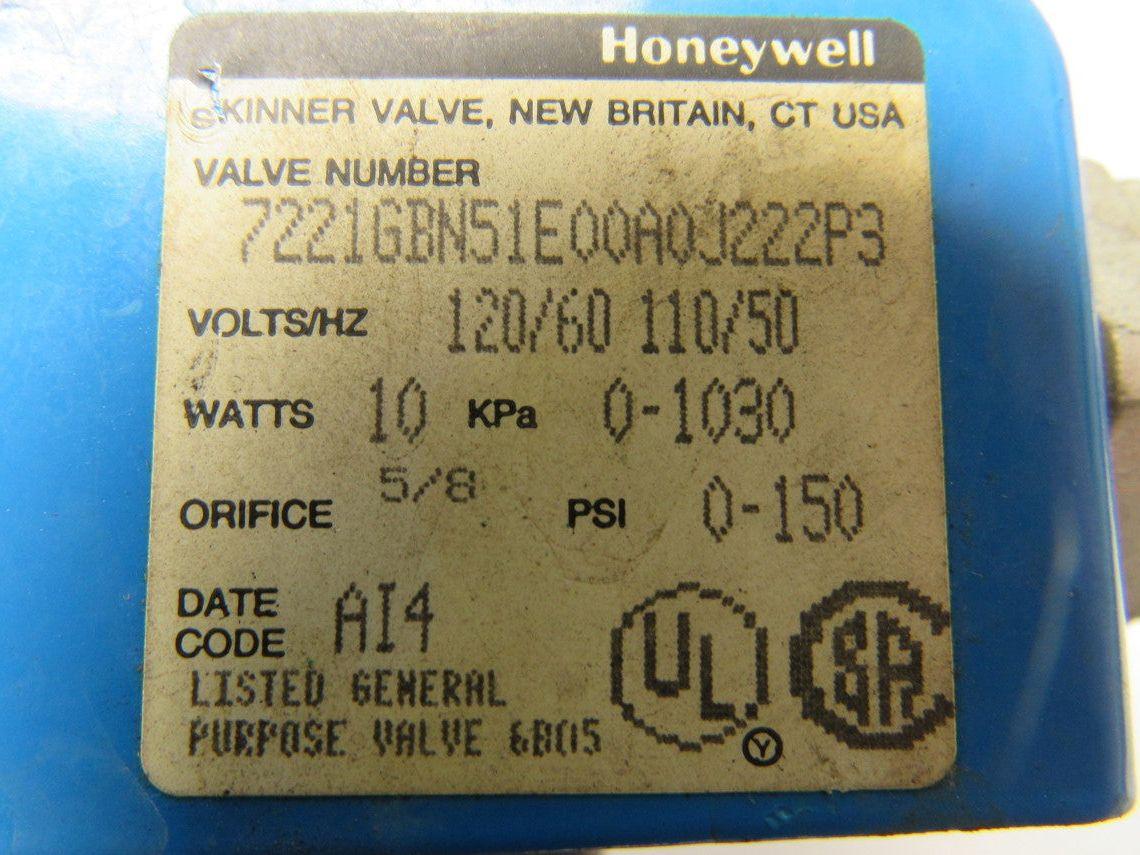 Honeywell 7221GBN51E00A0J222P3 Solenoid Valve 120/60V 10Watts 5/8 Orifice