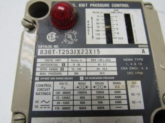 A-B Allen Bradley 836T-T253JX23X15 Style T Pressure Control Ser.A