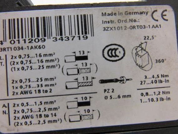 Siemens 3RT1 034-1AK60 Sirius Contactor 45A 600V