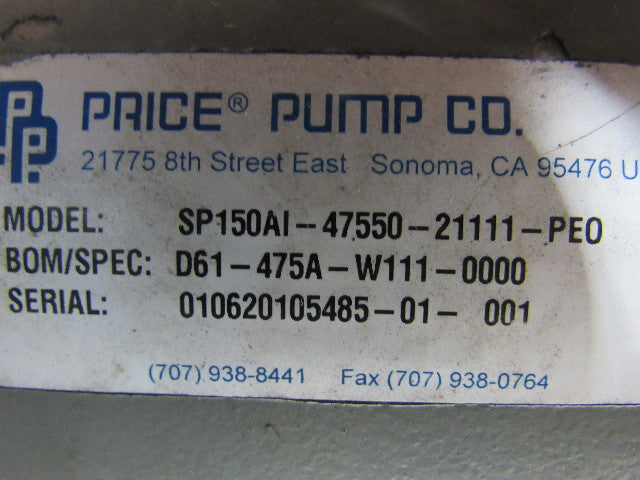 Price Pump Co Type SP150 3/4 HP 3 Ph Centrifugal Pump/Motor 1-1/2" Ports
