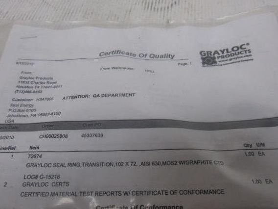 Grayloc 72674 Transition Seal Ring 7-1/4" I.D. X 12" O.D. 102 X 72