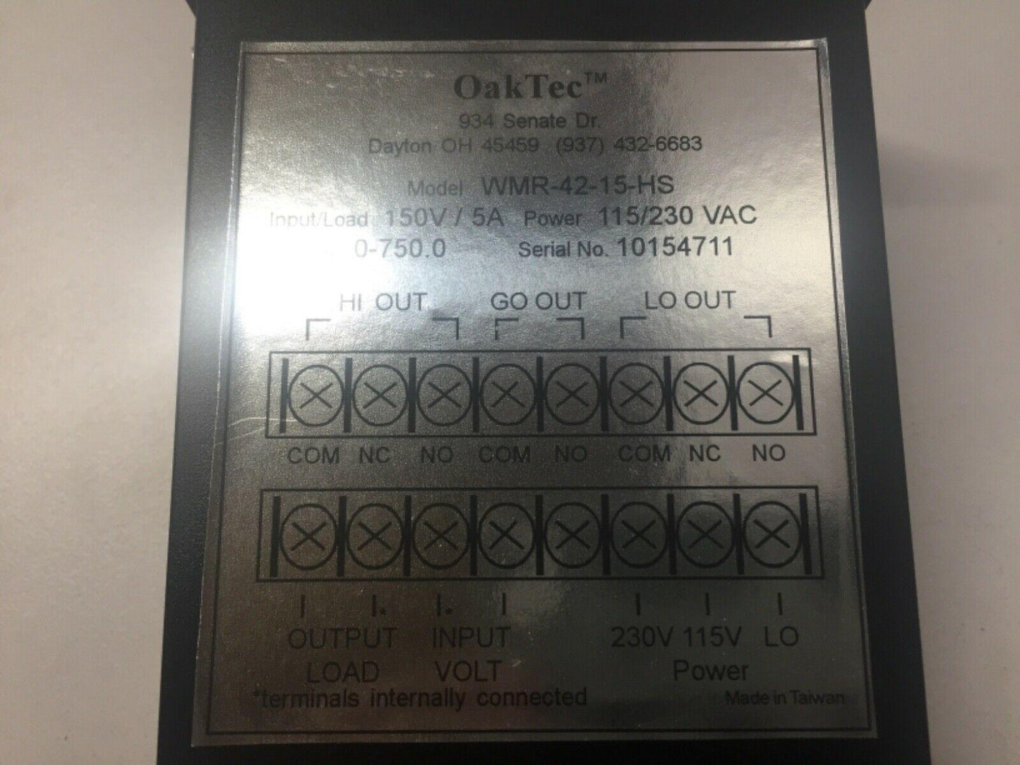 OakTec WMR-42-15HS Dual Limit Watt Meter 115/230VAC