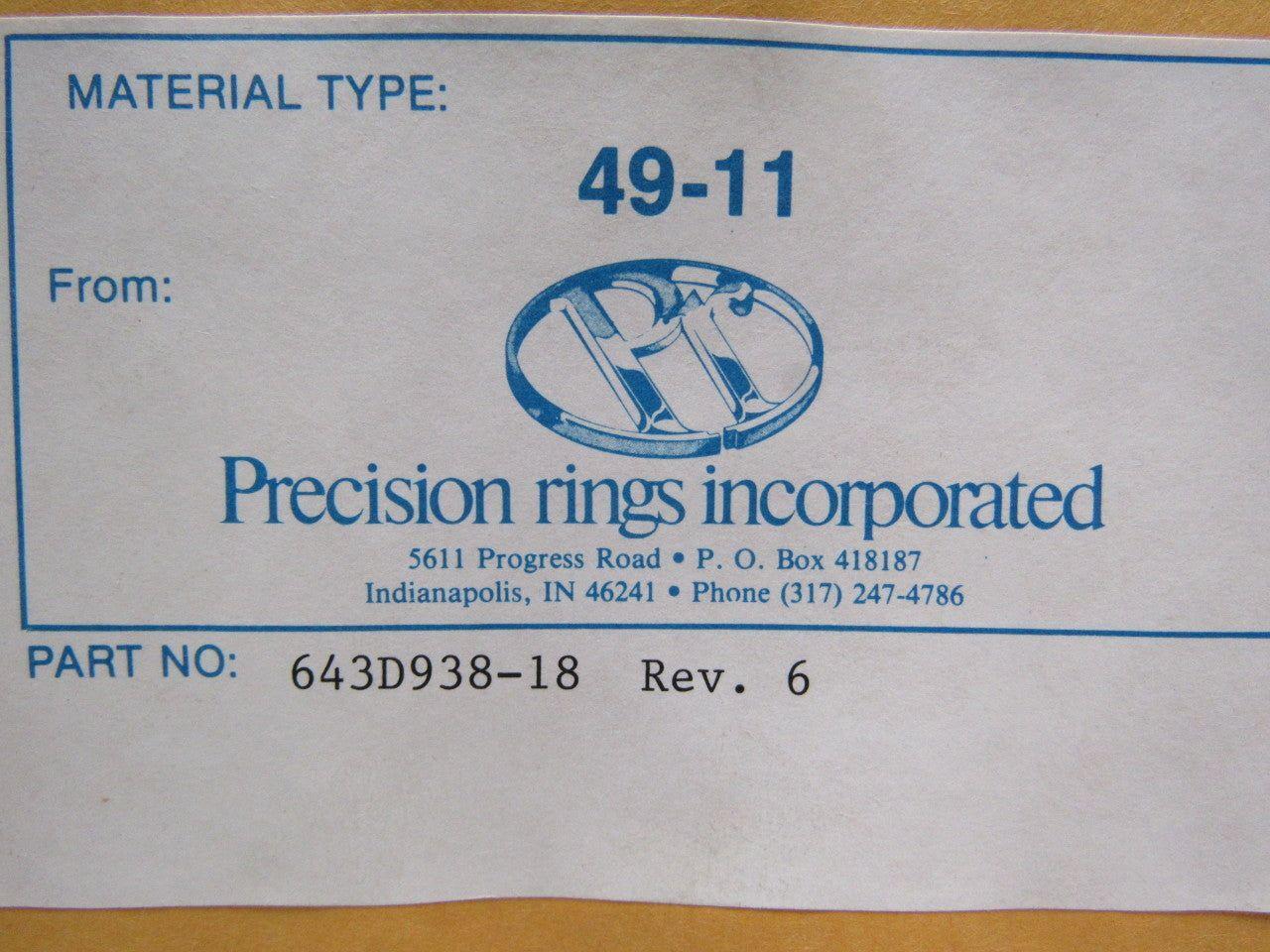 Precision Rings Incorporated P/N 643D938-18 Piston Ring Rev. 6