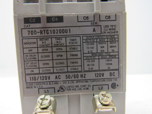 Allen-Bradley 700-RTC10200U1 Solid State Timing Relay Ser. A