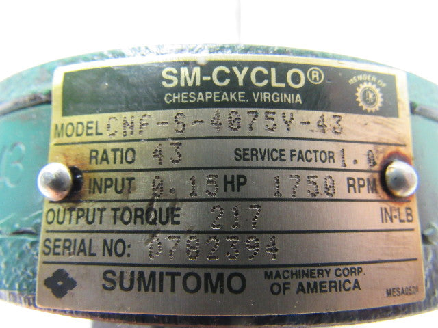 Sumitomo CNF-S-4075Y-43 SM-Cyclo Gear Reducer 43:1 Ratio .15HP 1750RPM