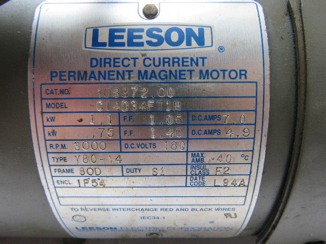 Leeson Electric C14D34FT1B Electric Motor 180VDC W/Rotary Encoder 3000RPM