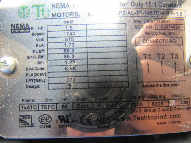 TECHTOP GR3-AL-TF-145TC-4-B-F-1.5 1-1/2HP Inverter Duty Motor 575V 1740RPM