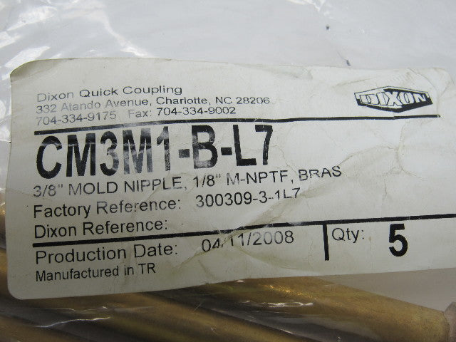 Dixon CM3M1-B-L7 3/8" X 7" Brass Mold Cooling Extension Plug 1/8" NPTF Lot of 5
