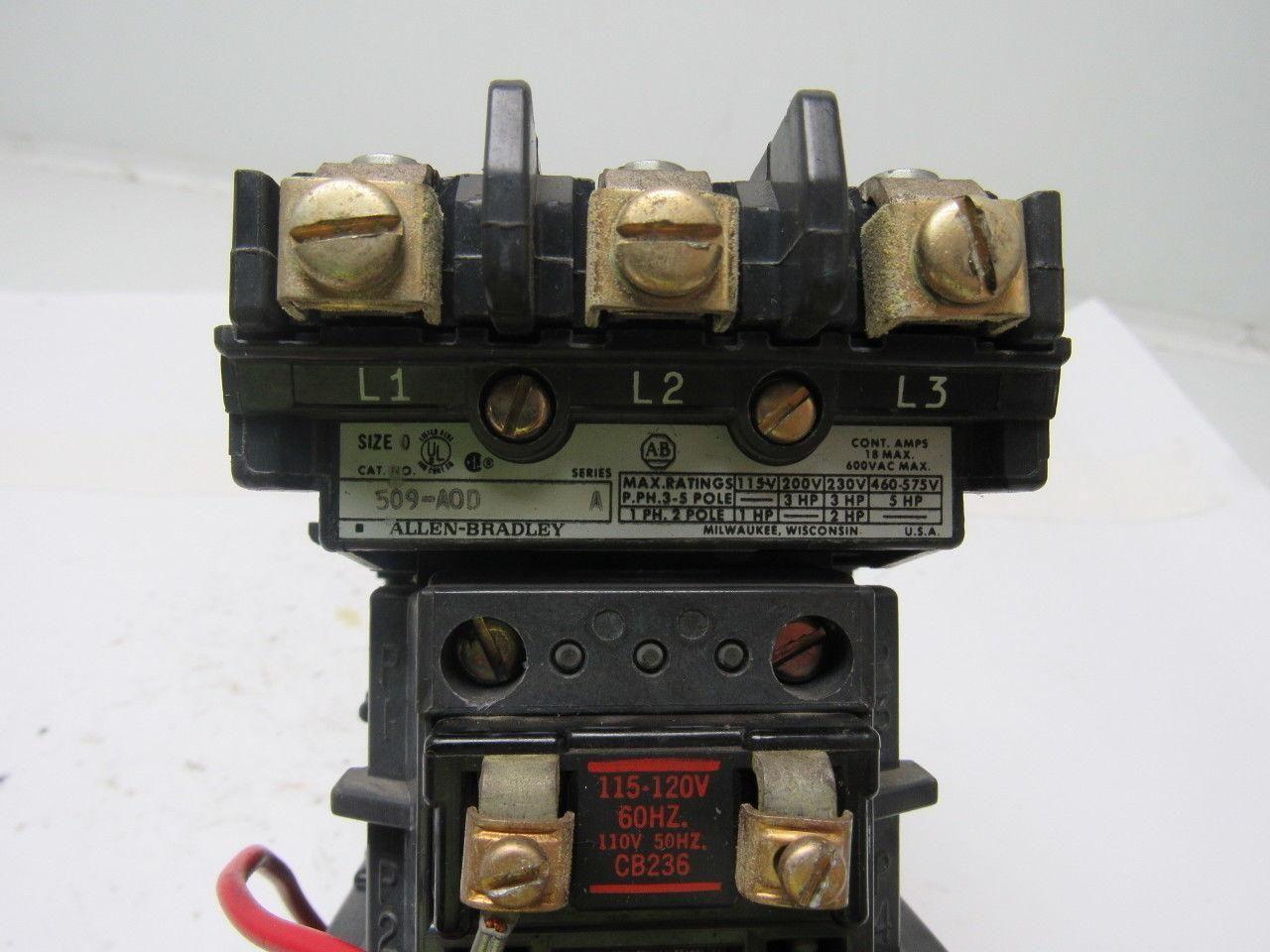 A-B Allen Bradley 509-A0D Motor Starter 115V Coil NEMA Size 0