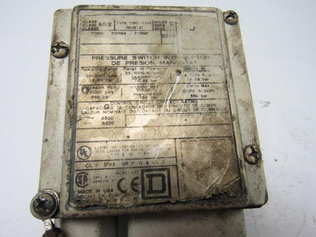 Square D 9012 GCW-21 20-1000 PSIG Pressure Switch