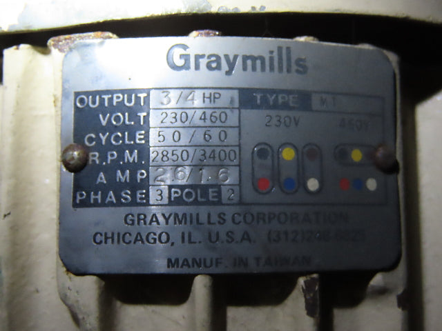 Graymills 3/4HP 220/460V Submersible Centrifugal Coolant Pump 2850/3400 RPM