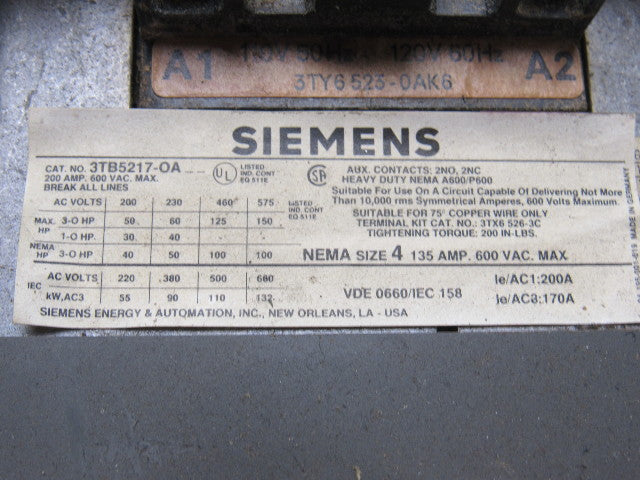 Siemens 3TB5217-0A Motor Contactor Starter 135A 600V 3PH 3-Pole 120V Coil Size 4