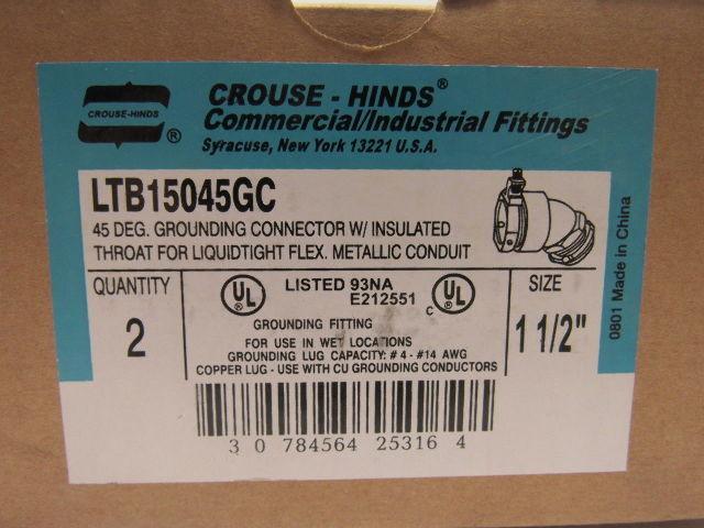 Crouse Hinds Co LTB15045GC 1-1/2" 45° Grounded Liquidtight Connector Lot of 2