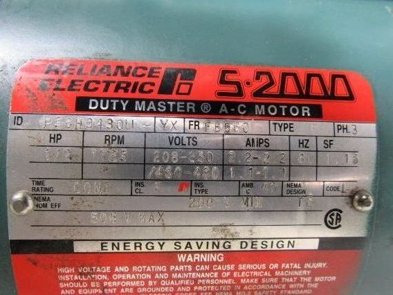 Reliance P56H3430U-YX 1/2 Hp. 1725 RPM 60 Hz. 5/8" Shaft Motor 208/230V W/Brake