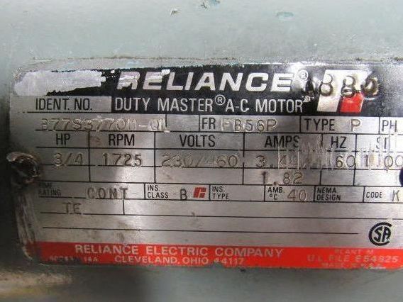 Reliance B77S377OM Type P Brake Motor 3/4 Hp. 1725 RPM 230/460V 60Hz Spline Gear