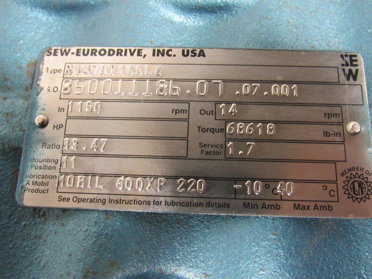 Sew-Eurodrive Helical Gearmotor Reducer 83:1 15 HP 3PH 230/460V 14RPM Output