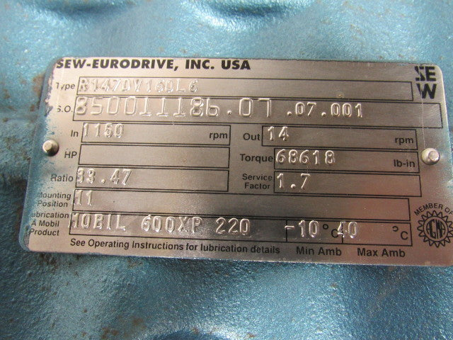 Sew-Eurodrive Helical Gearmotor Reducer 83:1 15 HP 3PH 230/460V 14RPM Output