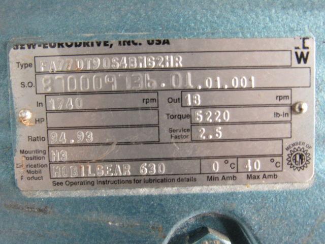 SEW FA77DT90S4BM62HR Gearmotor 1.5HP 230/460V 1740RPM In/ 18 Out 5250 In Lb
