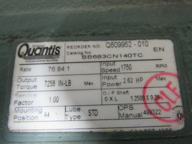 DODGE QUANTIS BB683CN140TC Q609952-010 Gear Reducer 76.84:1 2.62HP In 7258 In-Lb