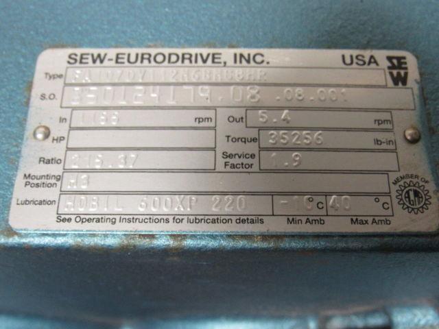SEW EURODRIVE 850124179.08.08.001 Gearmotor Speed Reducer 215.37:1 3HP