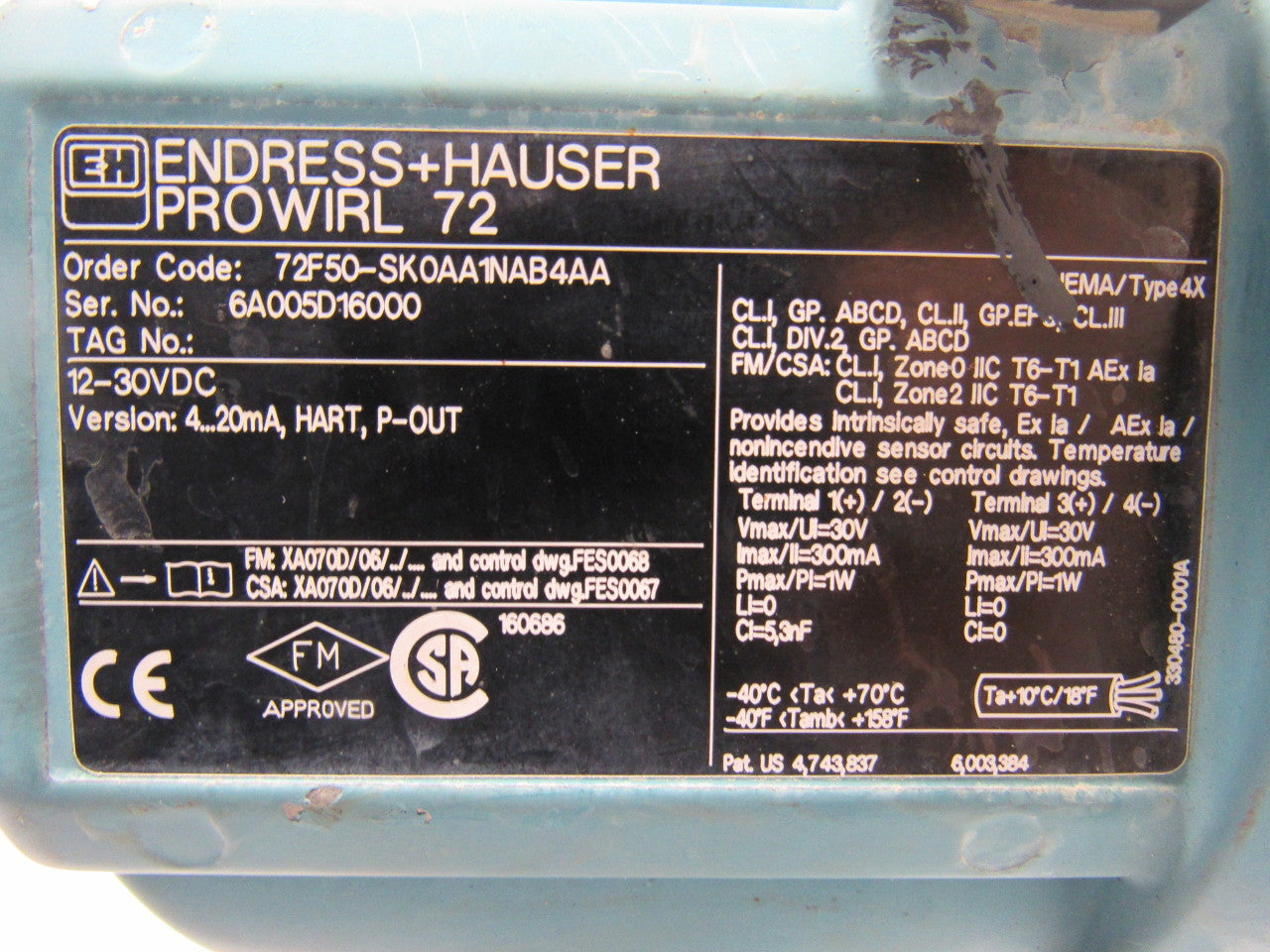 Endress Hauser 72F50-SK0AA1NAB4AA Prowler 72 Vortex Flow Meter 12-30VDC