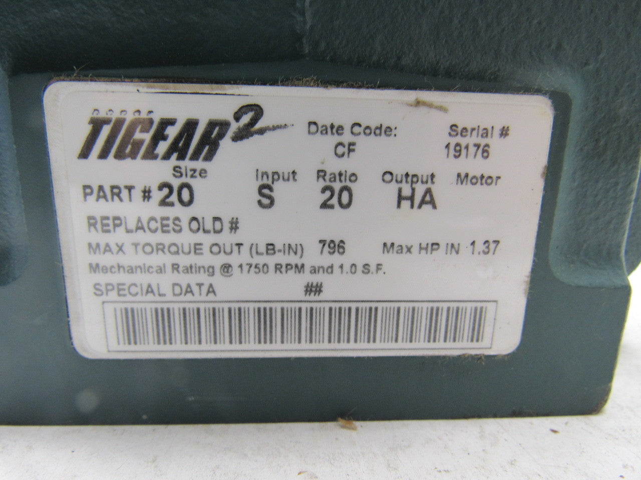 Dodge 20 S 20 HA Tigear 2 20:1 Gear Box Speed Reducer 1-3/16" Hollow Output