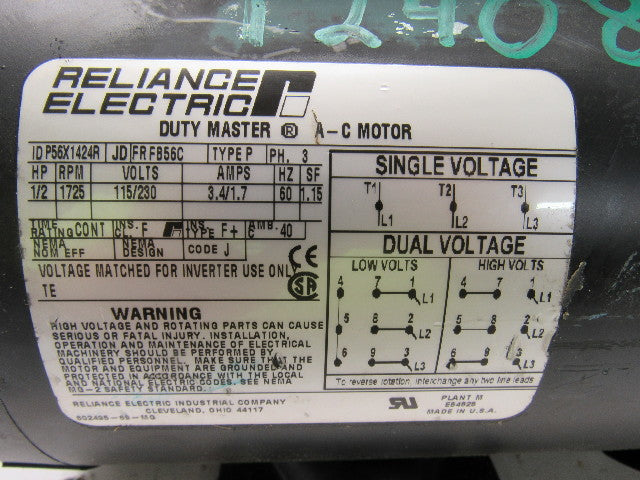 Reliance Electric P56X1424R 1/2HP 1725RPM 3PH 115/230V Electric Motor