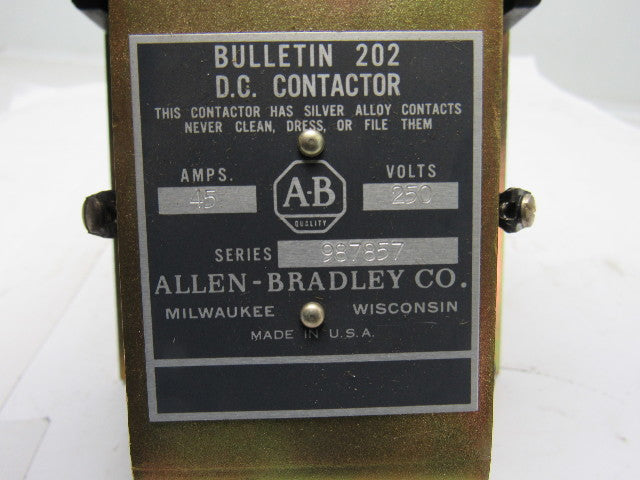 A-B Allen Bradley 987857 Bulletin 202 DC Contactor Size 2 45A 250 VDC
