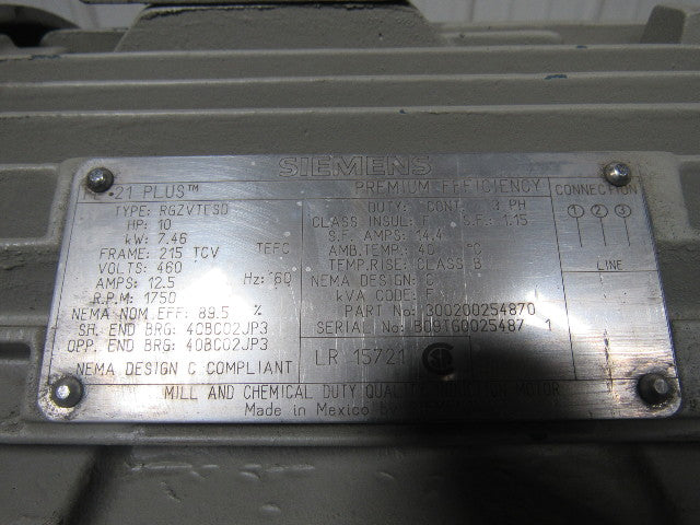 Siemens RGZVTESD PE 21 PLUS 10HP 3PH 460V 1750RPM Mill & Chemical Electric Motor