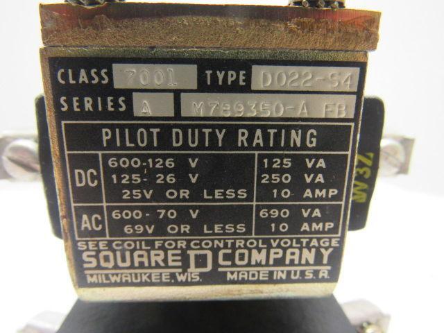 Square D D022 - S4 Class 7001 Series A Pilot Duty Relay 600 V