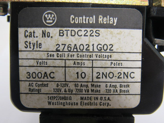 Westinghouse BTDC22S 276A021G02 Machine Tool Relay 300 V 10A 120 VDC Coil
