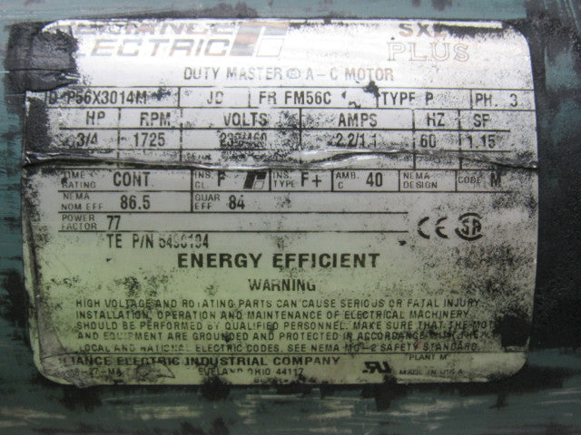 Reliance Electric P56X3014M 3/4 HP 3PH 230/460V 1725RPM Electric Motor