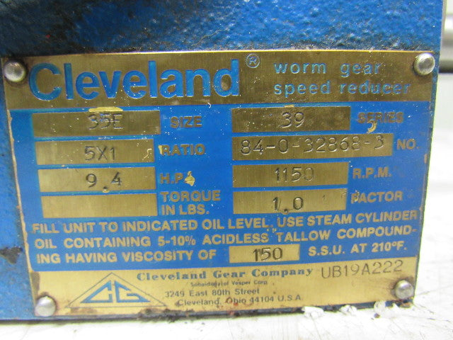 Cleveland 84-0-32868-3 Size 35E Series 39 Worm Gear Speed Reducer 5 X 1 Ratio