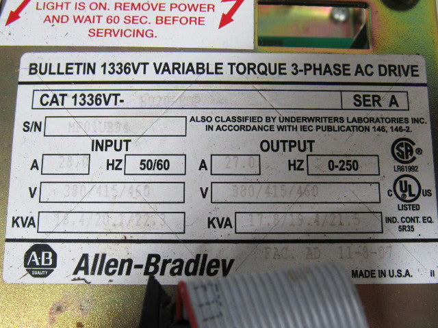 A-B Allen Bradley 1336VT B020 EOP Variable Torque AC Drive 3 Phase 20Hp