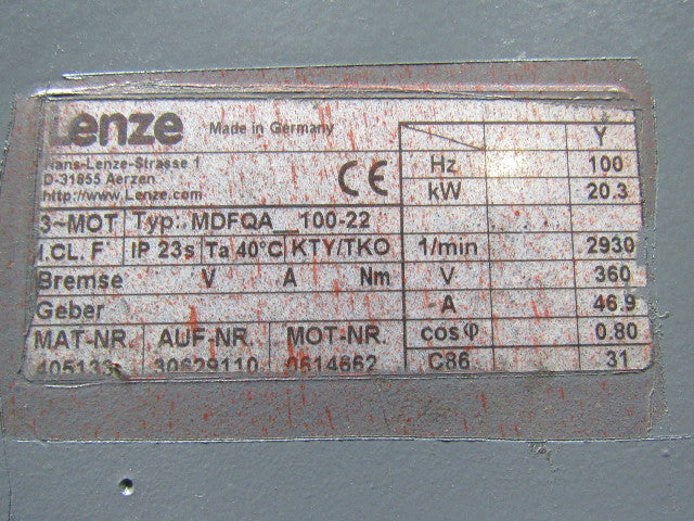 LENZE MDFQA 100-22 100Hz Asynchronous Servo Motor Professionally Refurbished