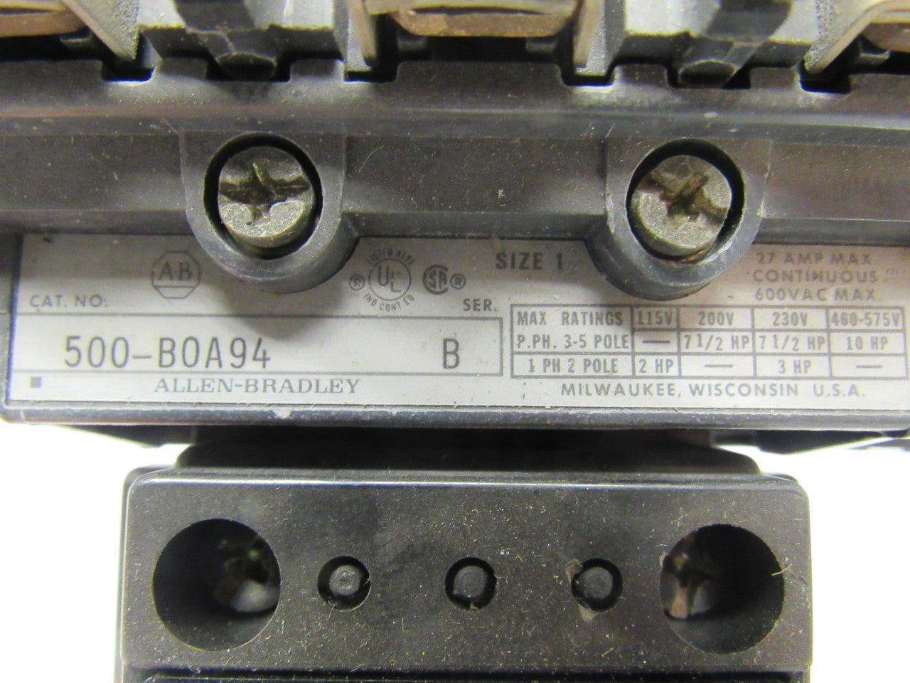 A-B Allen Bradley 500-BOA94 Series B AC Lighting Contactor