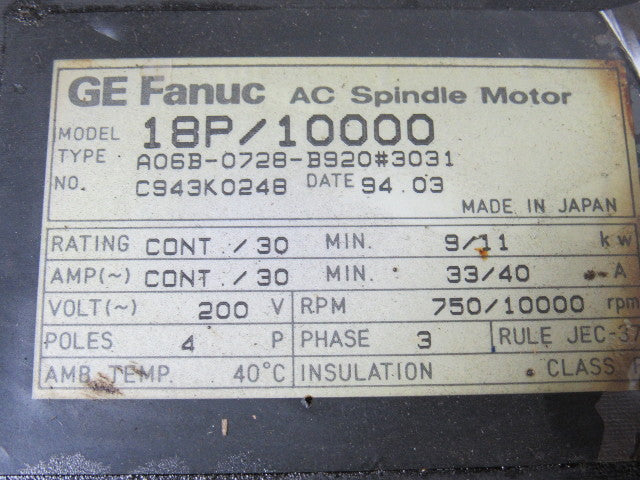 GE Fanuc A06B-0728-B920 #3031 18P/10000 AC Spindle Servo Motor 200V 3Ph 4 Pole