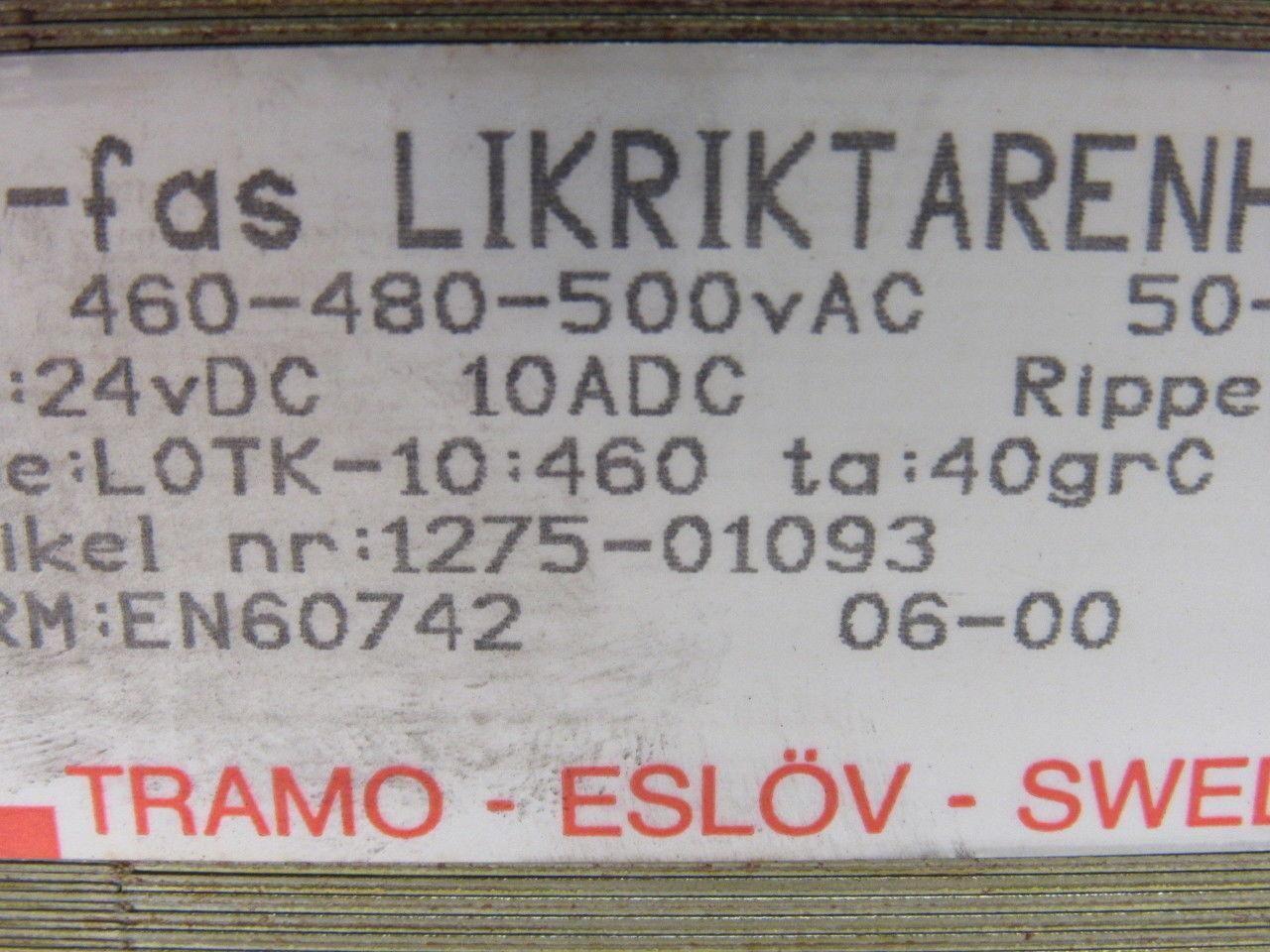 Tramo Type LOTK-10:460 ta:40grc Transformer 460-480-500V Pri 24VDC Sec. 50/60HZ