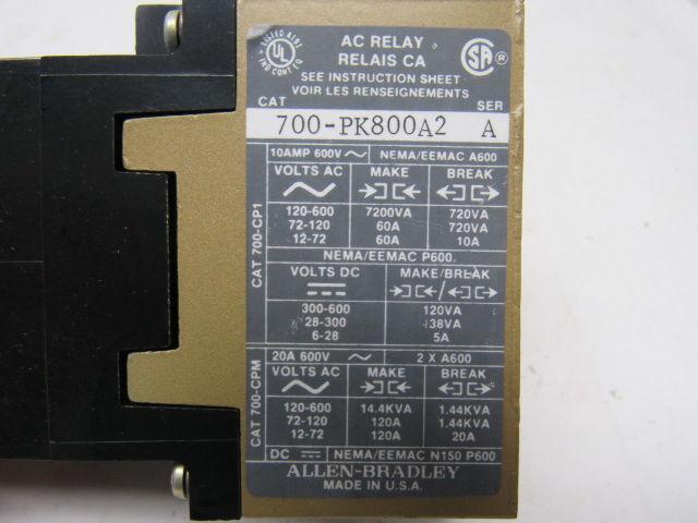 A-B Allen Bradley 700-PK800A2 Control Relay 230-240V Coil