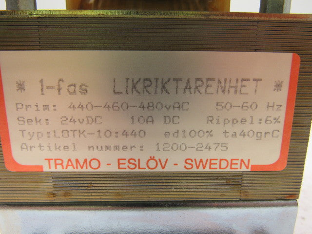 Tramo Type LOTK-10:440 Transformer Pri 440-440-460-480V Sec 24VDC 10VDC 50/60HZ
