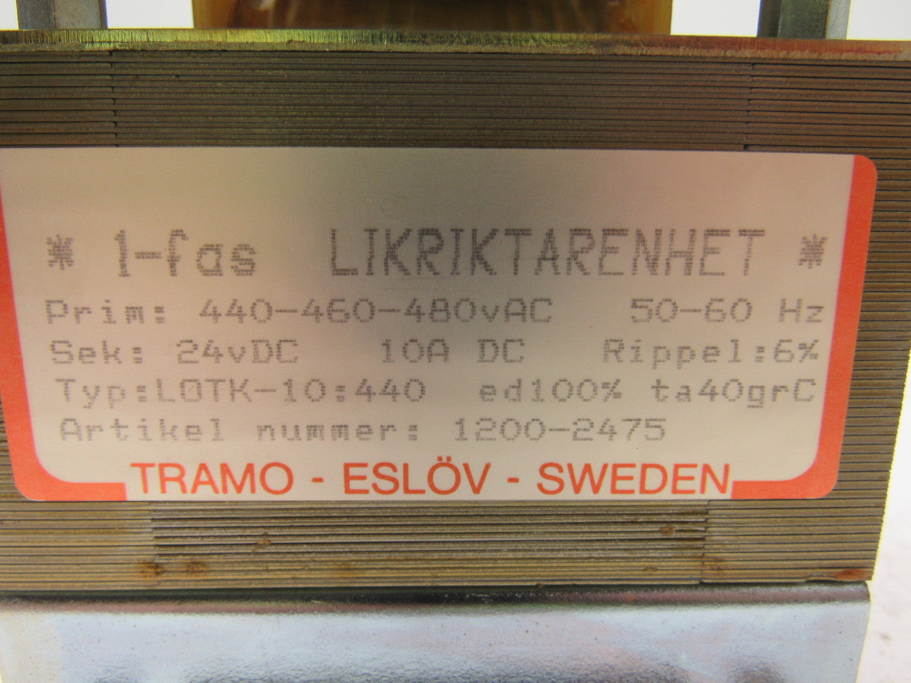 Tramo Type LOTK-10:440 Transformer Pri 440-440-460-480V Sec 24VDC 10VDC 50/60HZ