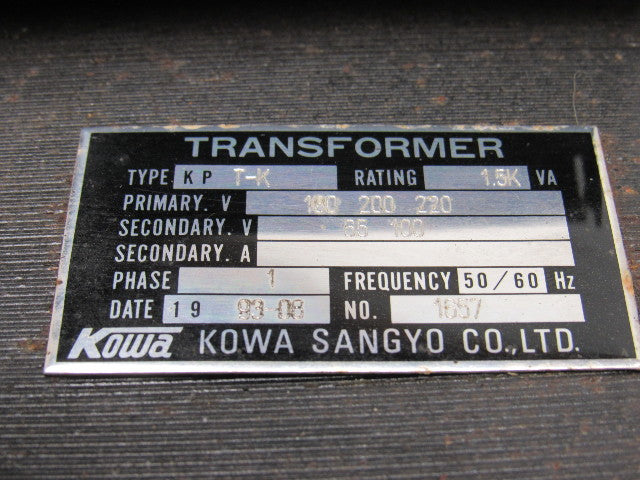 Kowa Type KP T-K 1.5KVA Trans Former Pri 100-180-220V Sec.65-100V 1ph