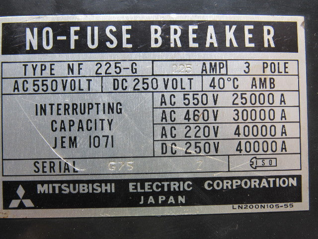 Mitsubishi Electric NF225-G 225 Amp 3 Pole Circuit Breaker W/Auxiliary Switch