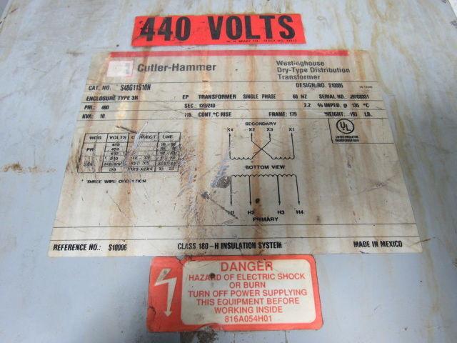 Cutler Hammer S48G11S10N 10KVA Transformer 480 Primary 120/240 Secondary 1Ph
