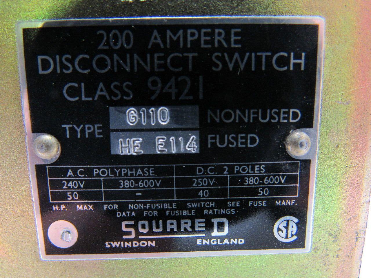 Square D 9421 G110 Non Fused Disconnect Switch 200A