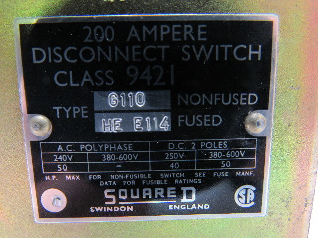 Square D 9421 G110 Non Fused Disconnect Switch 200A