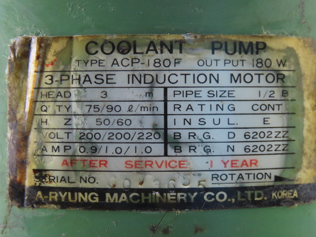 A-Ryung Machinery ACP-180F Coolant Pump Hyundai HIT-15S 1/2" NPT 3" Impeller