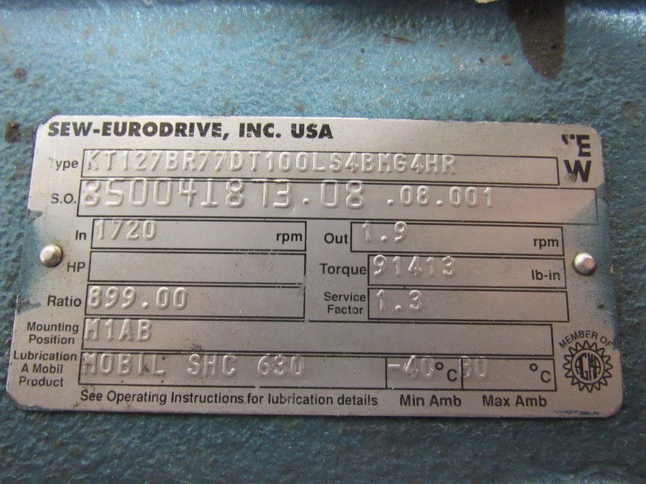 SEW-EURODRIVE KT127BR77DT100LS4BMG4HR High Torque Gear Reducer 899:0 Ratio