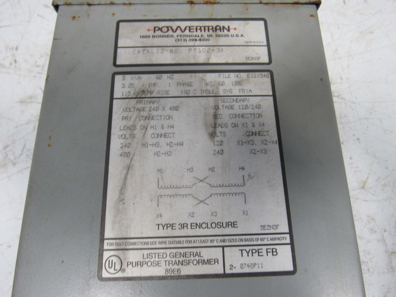 Powertran PT102-3K 3KVA Transformer 240x480V Primary 120/240V Secondary