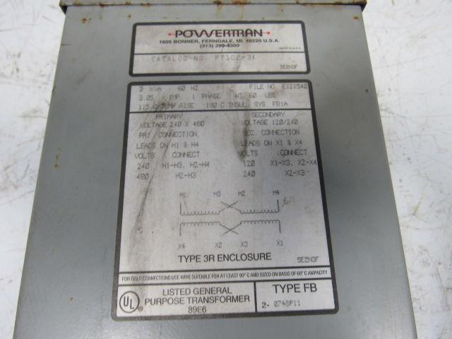 Powertran PT102-3K 3KVA Transformer 240x480V Primary 120/240V Secondary